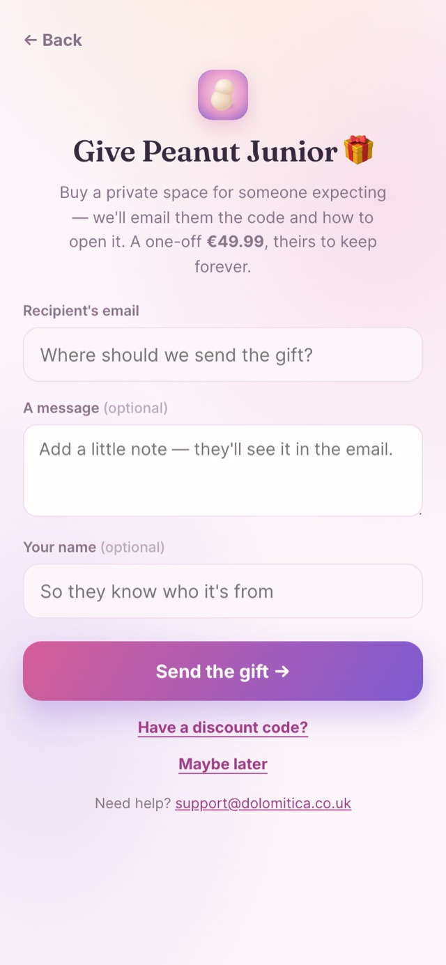 The Peanut Junior gift flow: recipient's email, a personal message, and the sender's name