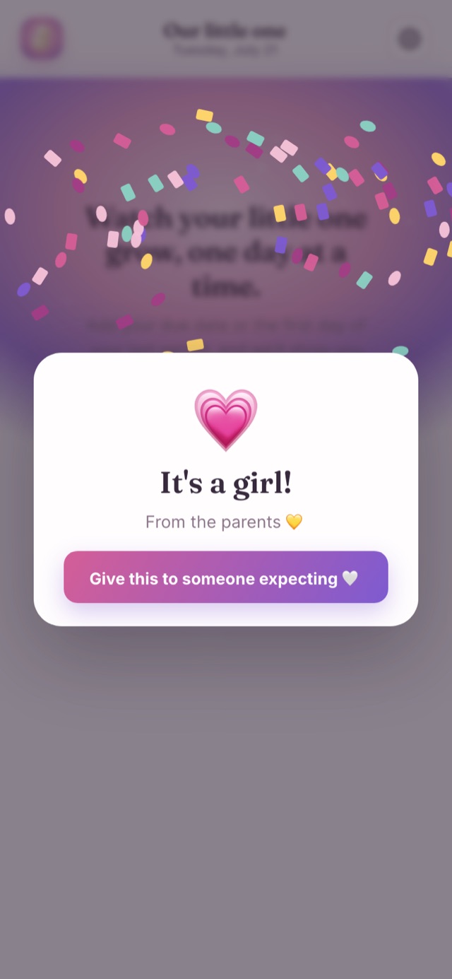 A reveal celebration in Peanut Junior: 'It's a girl!' with confetti